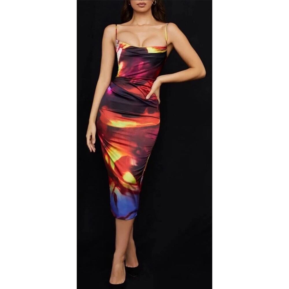 HOUSE OF CB Authentic 'Mitzi' Printed Satin Corset Midi Dress Size Large